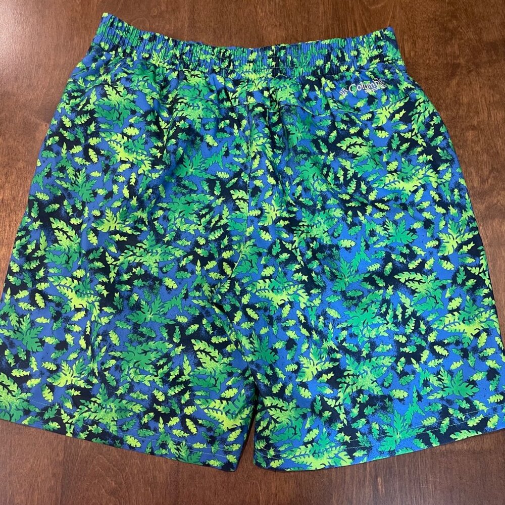 Columbia PFG Swim Trunks Boys Size Large 14/16 Blue Green Leaf Print Mesh Lined - Picture 9 of 11